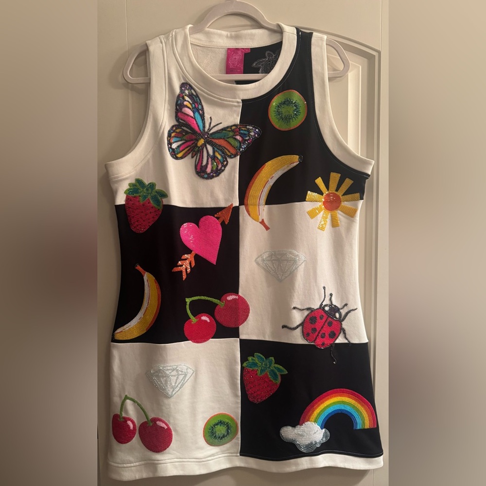 QUEEN OF SPARKLES Black & White Patchwork Tank dress Colorful Appliqués XL